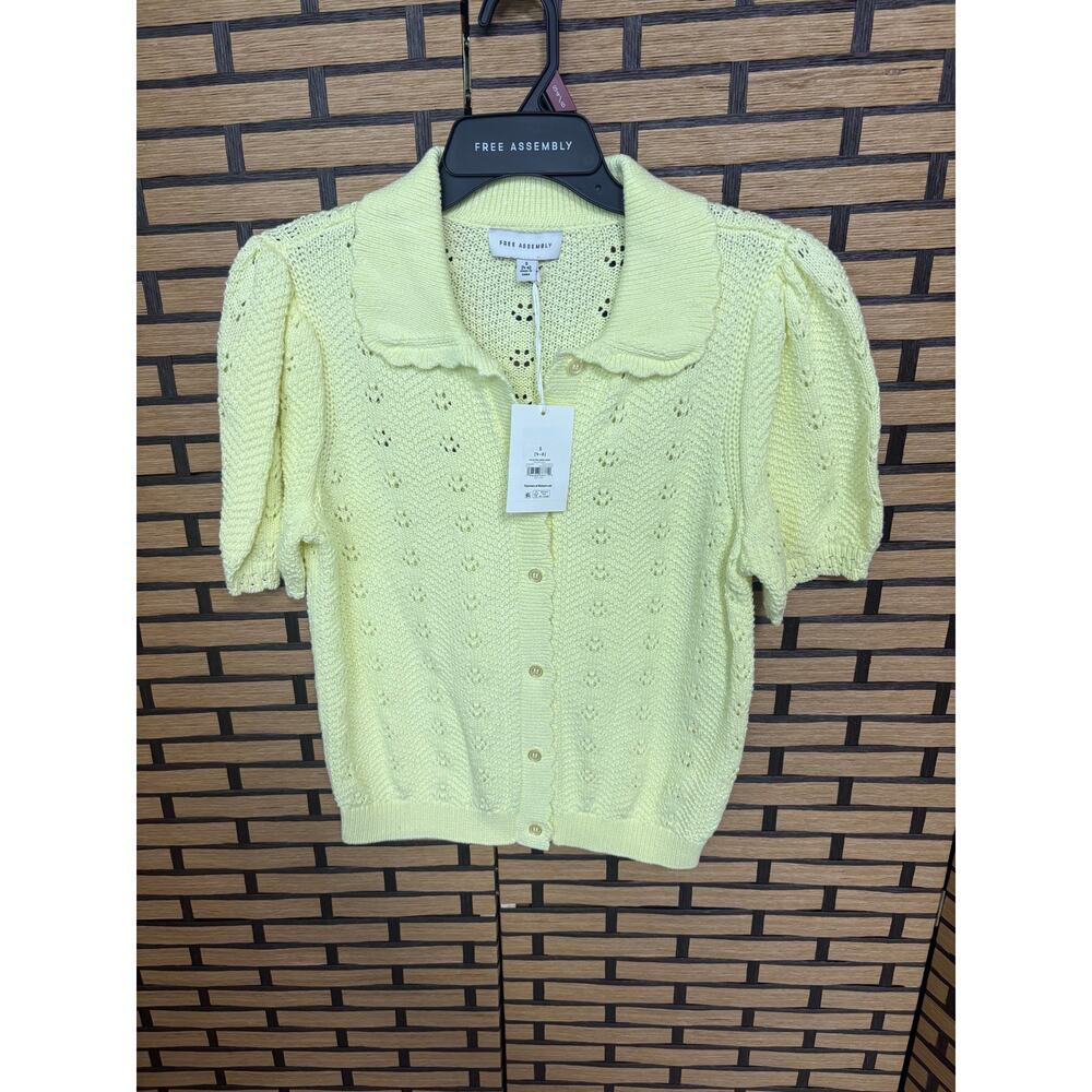 Free Assembly Yellow Crochet Button Front Short Sleeve Sweater Size Small